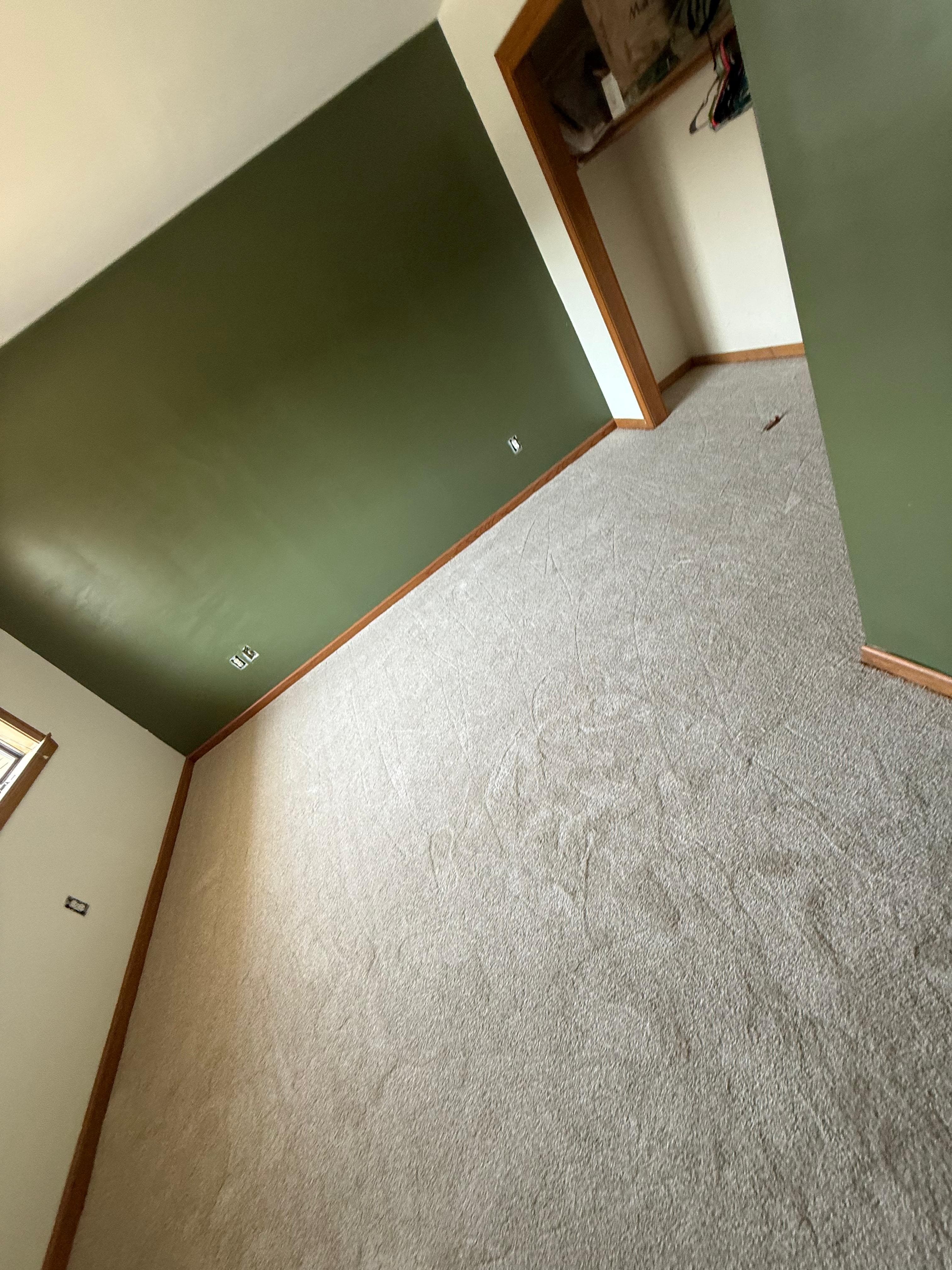 Finished room with light carpet installed beside green accent walls