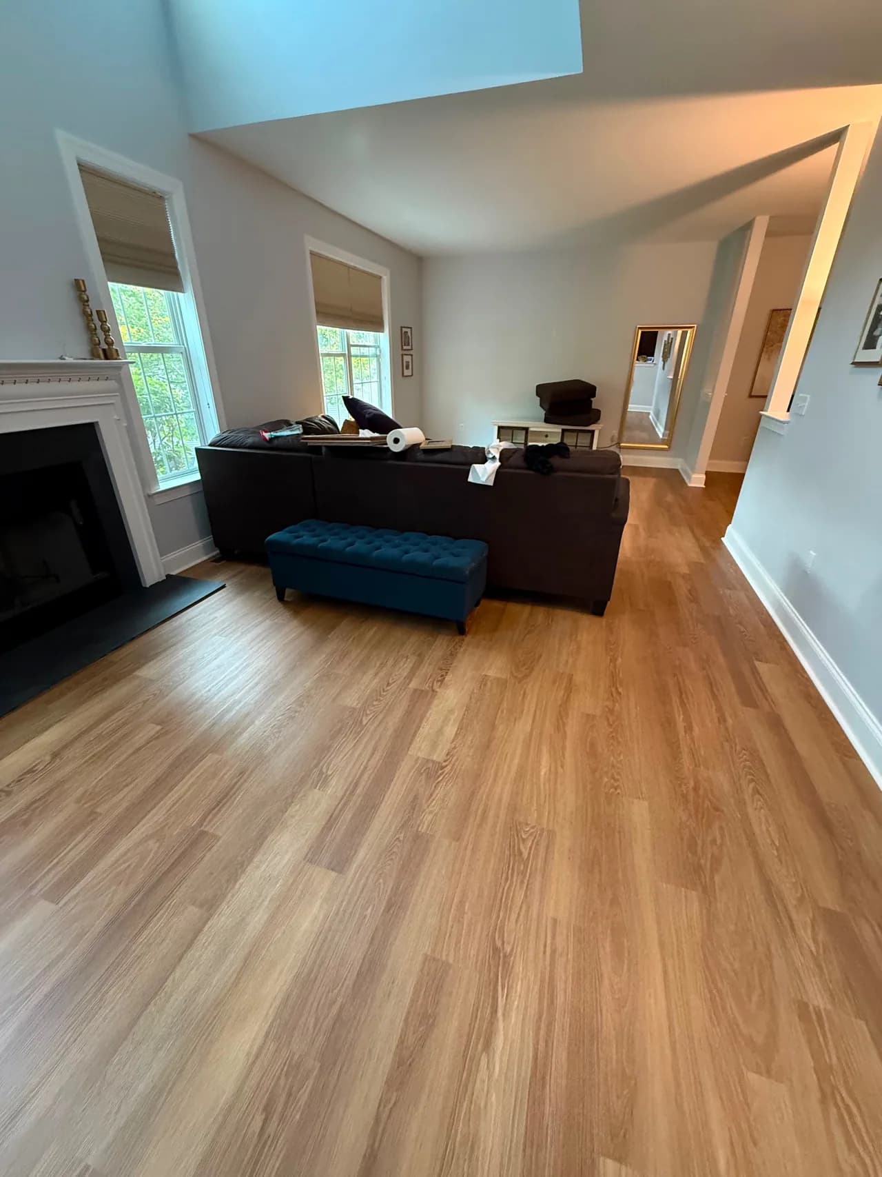 Wood-look plank flooring extending through a living room and hallway.